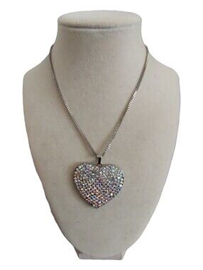 Sparkly AB Rhinestone Heart Pendant Necklace Silver Tone Costume Jewelry